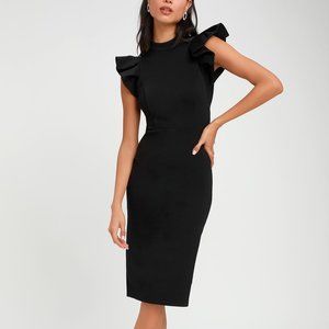 Lulu’s Stylish splendor Black Backless Ruffle Bodycon Midi Dress